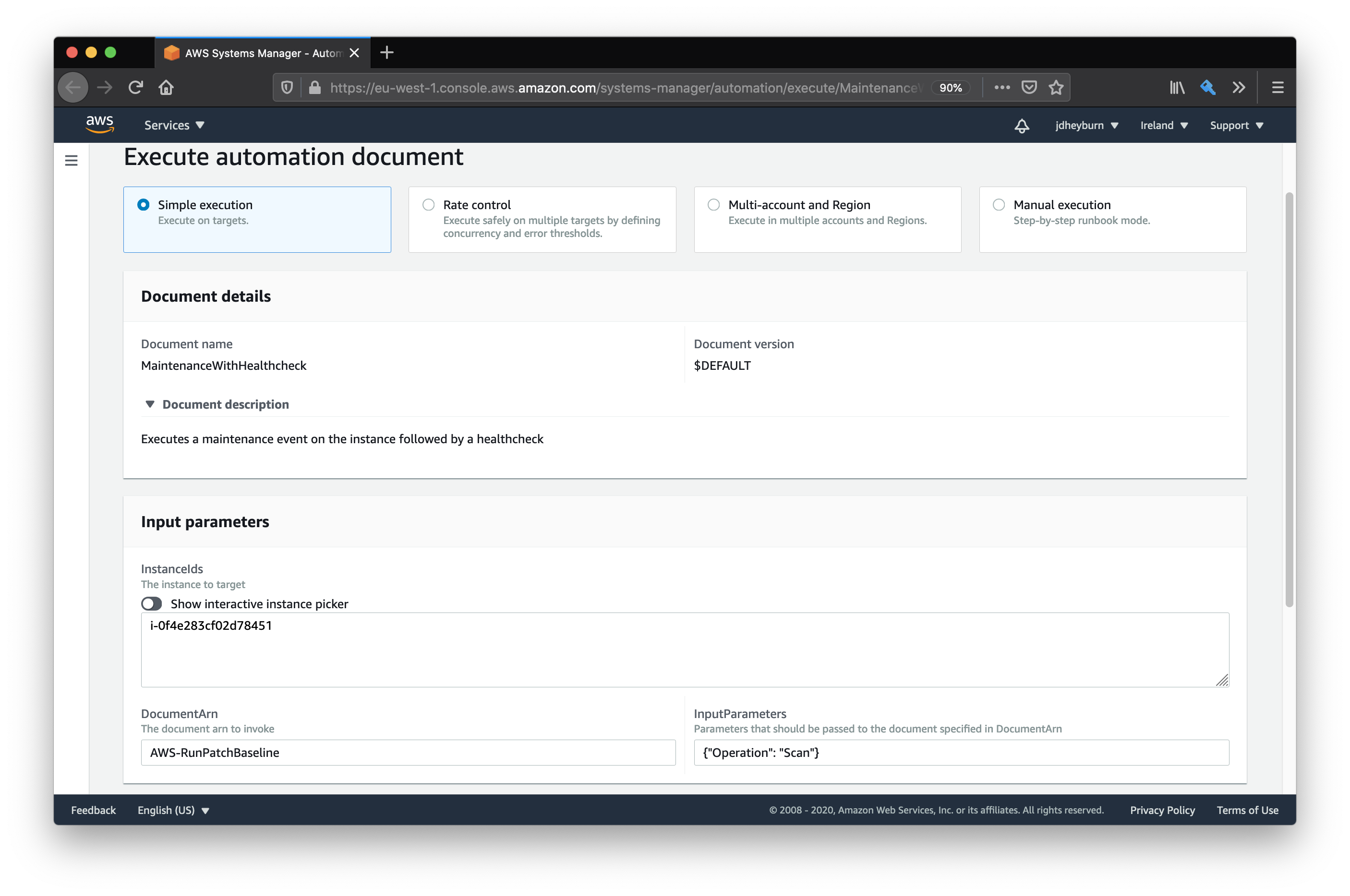 The setup page for the maintenance wrapper document, we're specifying in the text field the command document to invoke, which is AWS-RunPatchBaseline. We've also added in the parameters for the document to run under InputParameters
