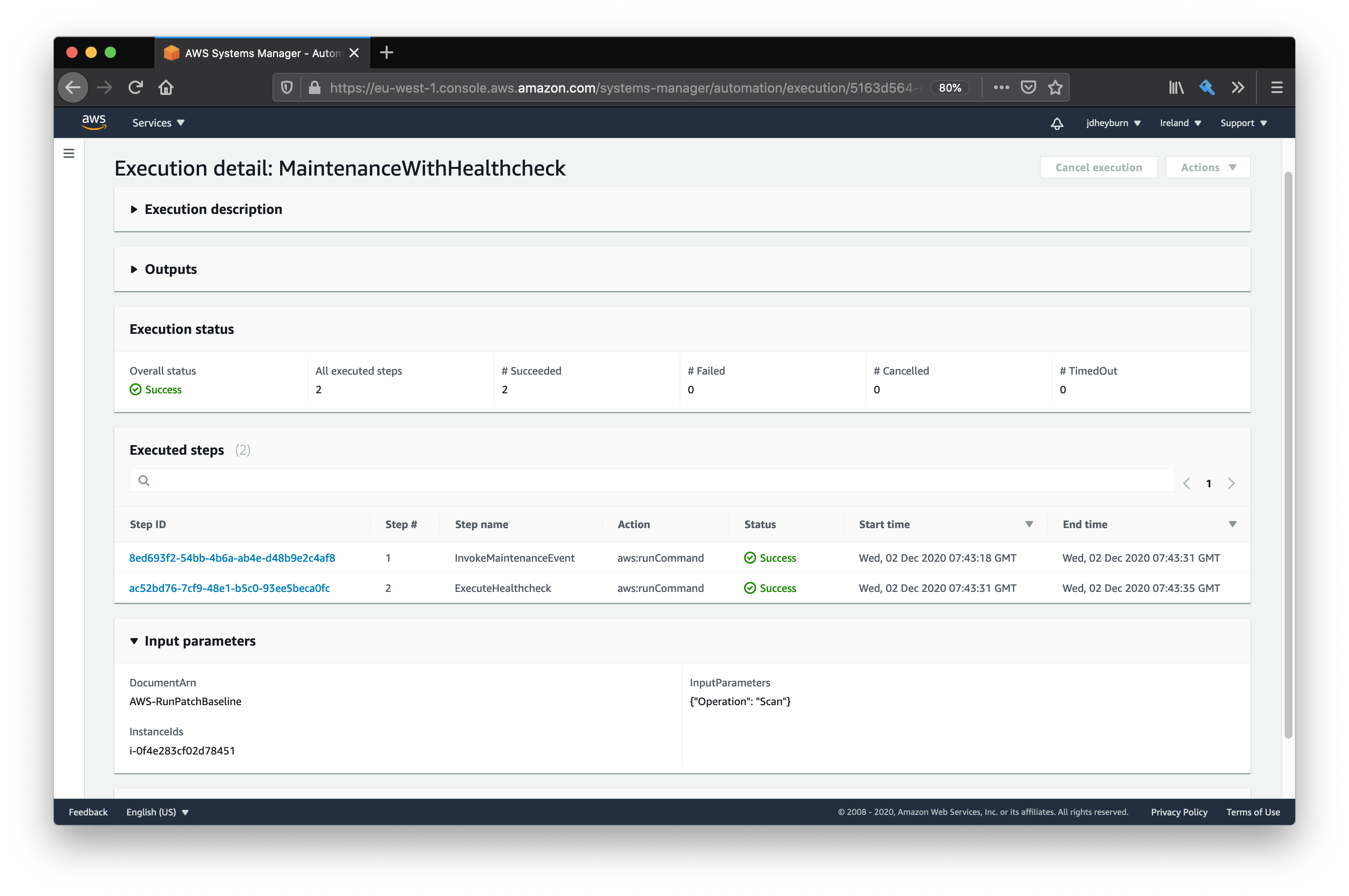 The automation execution overview page shows that two steps were invoked, InvokeMaintenanceEvent and ExecuteHealthcheck, both are successful. We can also see the input for InvokeMaintenanceEvent is specified as AWS-RunPatchBaseline, and the parameters we used previously.