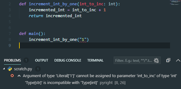 Screenshot displaying type checking provided by Visual Studio Code - the illegal type is highlighted by pyright