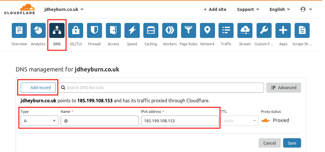 Screenshot depicting adding DNS records to Cloudflare