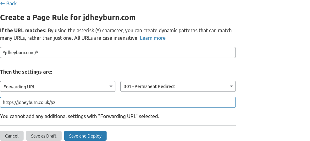 Screenshot depicting how to populate the Create Page Rule form