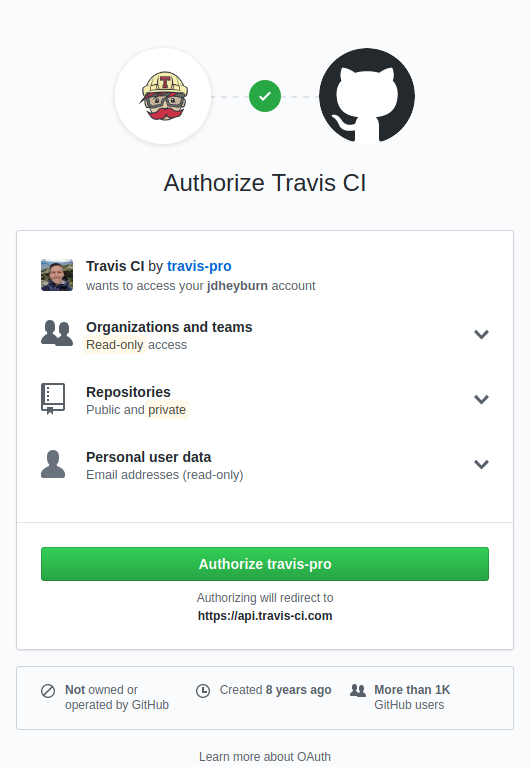 Screenshot of GitHub authorising Travis