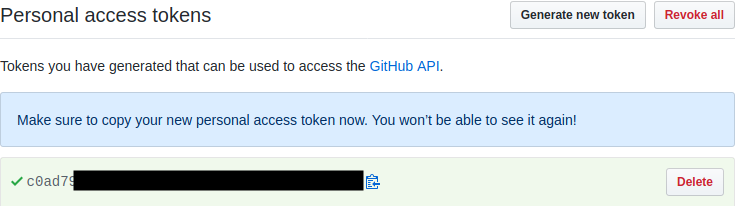 Screenshot of GitHub Personal Access Token Creation - token complete