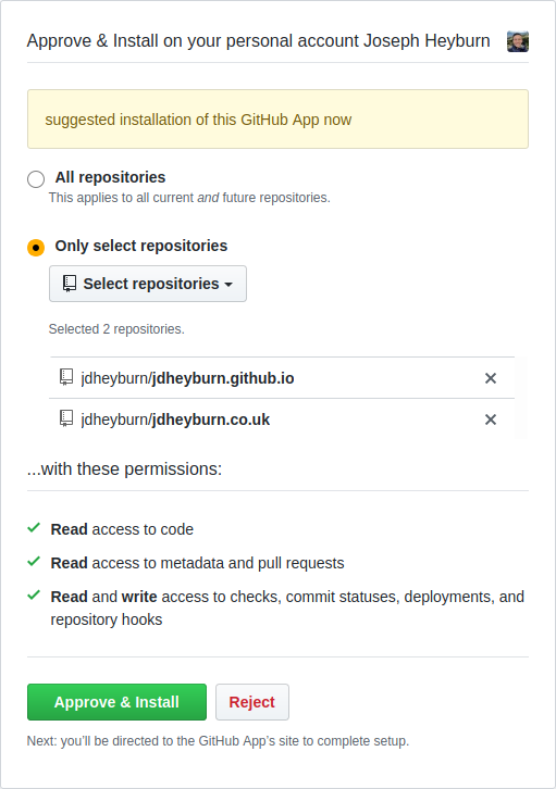 Screenshot of GitHub Travis Repository Authorisation