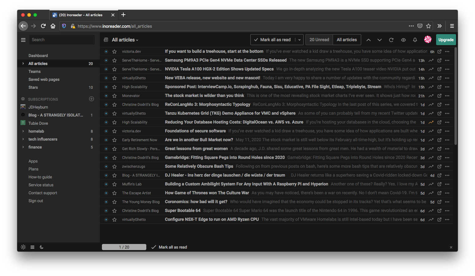 inoreader as an RSS feed aggregator